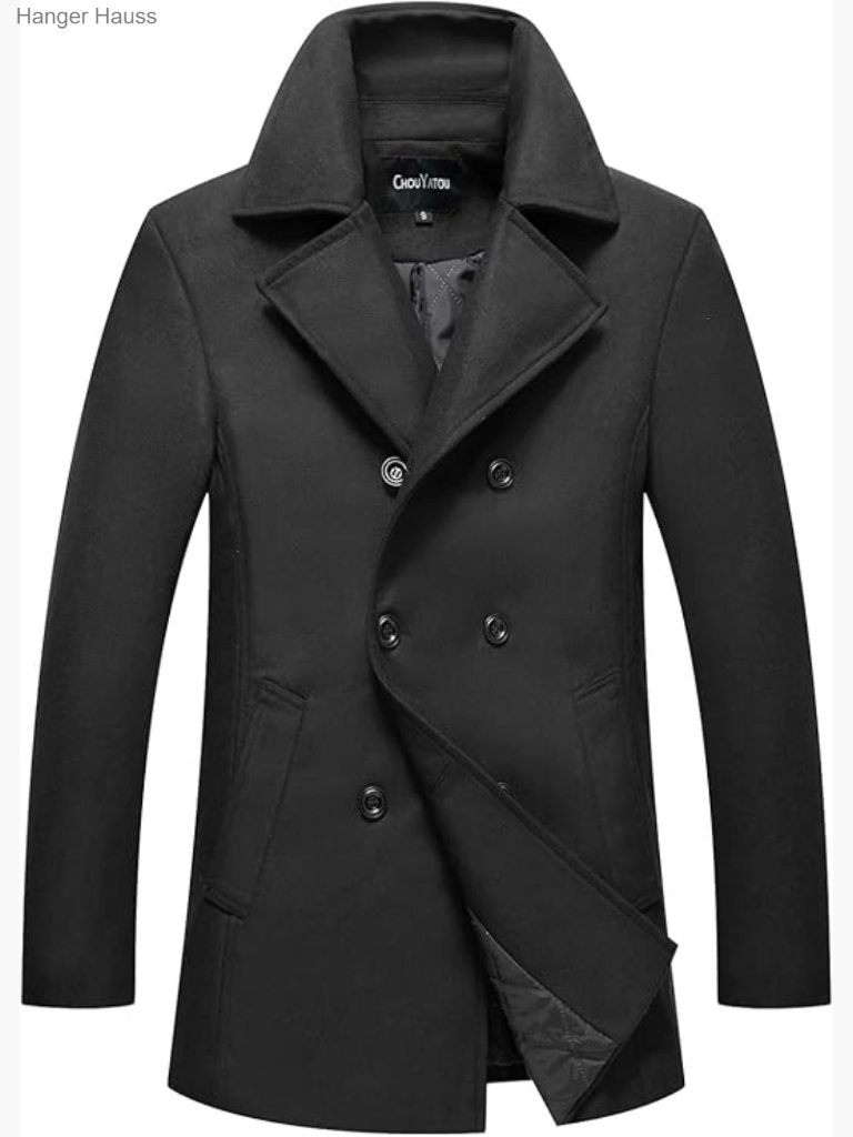 Men's Classic Notched Collar Double Breasted Wool Blend Pea Coat Jacket